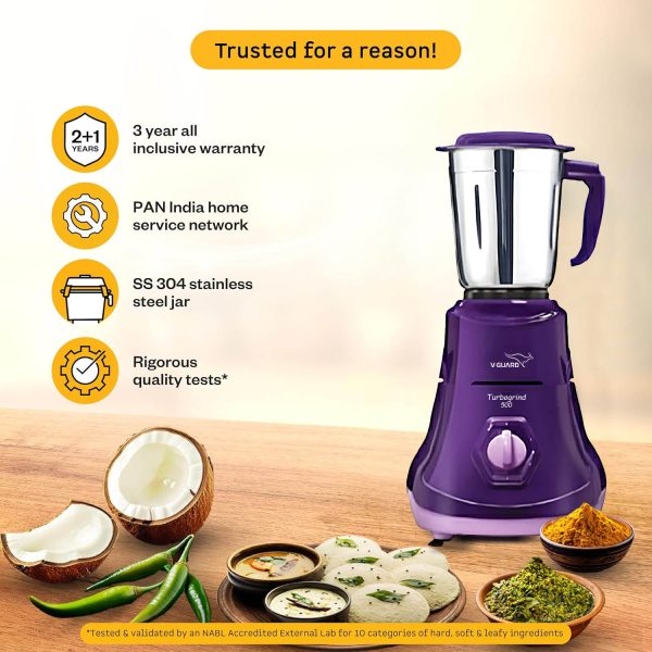 Vguard Turbogrind, 500 Watt 3 Mixer Grinder with Stainless Steel Jars, Sintered bush design and 2 year Warranty, Purple
