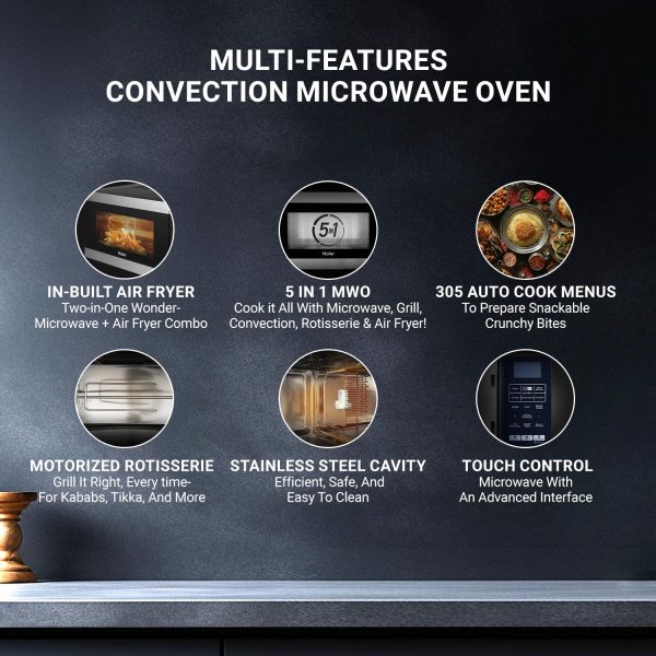 Haier HIL3001ARSB, 30 Litre Convection Microwave with In-built Air Fryer Function, Motorized Rotisserie and Stainless Steel Cavity, Black
