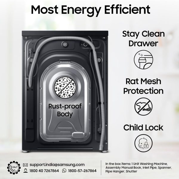 Samsung WW12DG5B24ABTL, 12 KG Fully Automatic Front Load Machine with 5 Star Rating, In-built Heater, Wi-Fi, 39 Minute Wash and 20 Year Compressor Warranty, Black