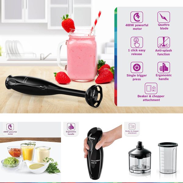 Bosch MS1BG1021I, 400 Watt Hand Blender with Anti Splash Function with Blade Sheild, Stainless Steel Knife and easy blending with a touch of a button, Grey