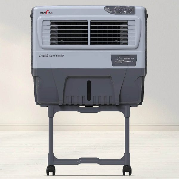 Kenstar Double Cool, 60 Litre Window Cooler with 3 Side Wood Wool Cooling Pads, Collapsible Louvres and Powerful Blower, White/Grey