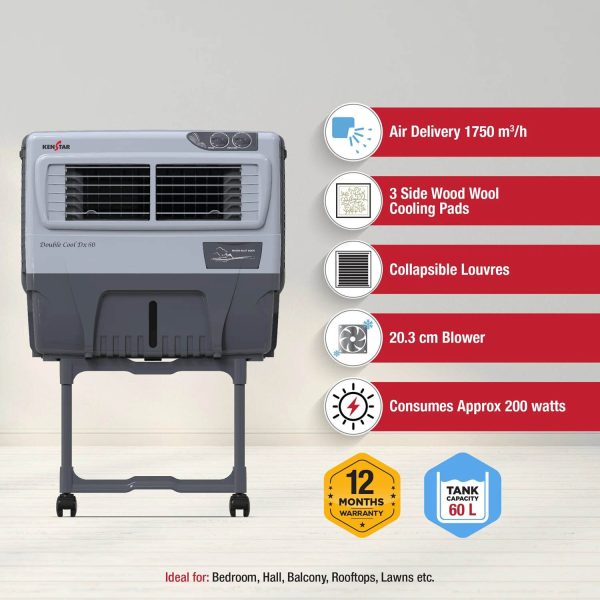 Kenstar Double Cool, 60 Litre Window Cooler with 3 Side Wood Wool Cooling Pads, Collapsible Louvres and Powerful Blower, White/Grey