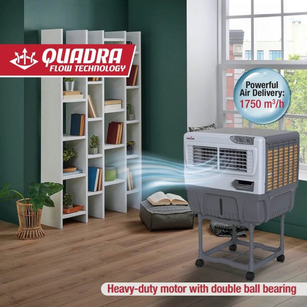 Kenstar Double Cool, 60 Litre Window Cooler with 3 Side Wood Wool Cooling Pads, Collapsible Louvres and Powerful Blower, White/Grey