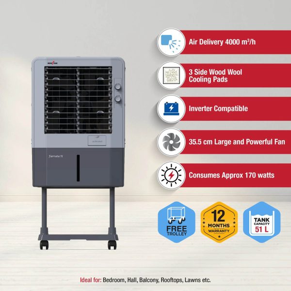 Kenstar Faratta 51 L, Personal Air Cooler with Quadraflow Technology, Double Ball Bearing Motor, 3 Wood Wool Cooling Pads and Powerful Fan, Grey