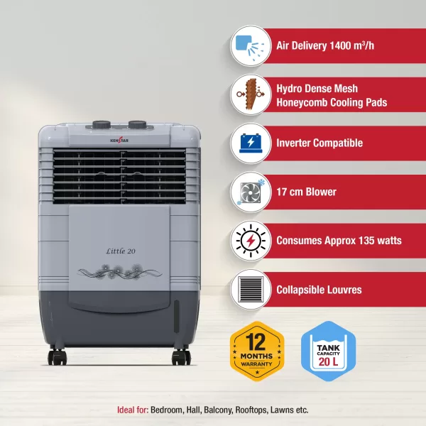 Kenstar Personal Air Cooler with Honeycomb Cooling Pads & Collapsible Louvers (Little HC, Grey)