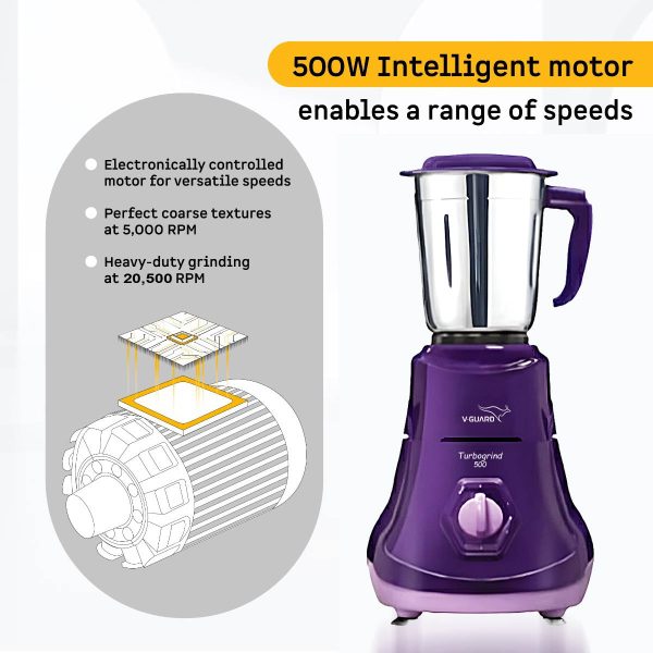 Vguard Turbogrind, 500 Watt 3 Mixer Grinder with Stainless Steel Jars, Sintered bush design and 2 year Warranty, Purple