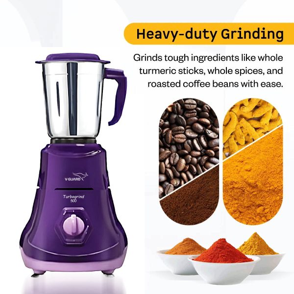 Vguard Turbogrind, 500 Watt 3 Mixer Grinder with Stainless Steel Jars, Sintered bush design and 2 year Warranty, Purple