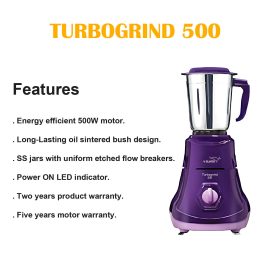 Vguard Turbogrind, 500 Watt 3 Mixer Grinder with Stainless Steel Jars, Sintered bush design and 2 year Warranty, Purple