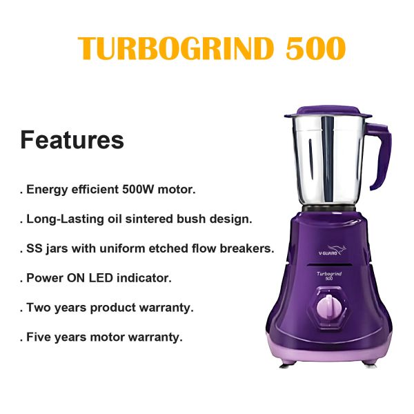 Vguard Turbogrind, 500 Watt 3 Mixer Grinder with Stainless Steel Jars, Sintered bush design and 2 year Warranty, Purple