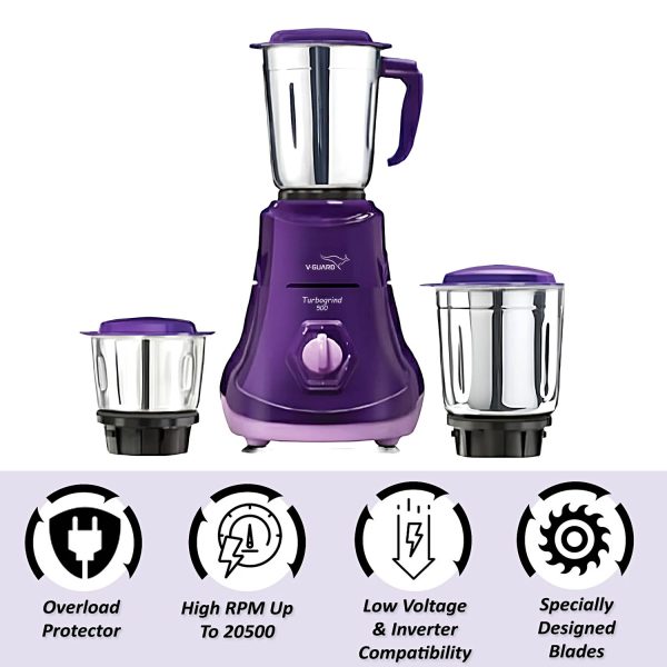 Vguard Turbogrind, 500 Watt 3 Mixer Grinder with Stainless Steel Jars, Sintered bush design and 2 year Warranty, Purple
