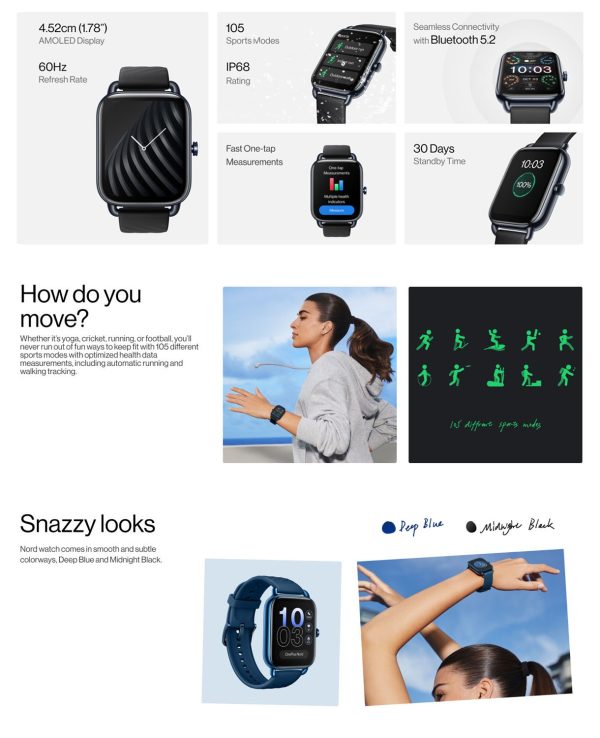 Oneplus OPBBE221, Oneplus Nord Watch with 1.78 Amoled Display, 60 Hz Refresh Rate, 10 Days Battery, Heart Rate and Stress Monitor, Deep Blue