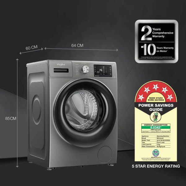 Whirlpool XO9012BZV, 9 KG 1200 RPM 5 Star Fully Automatic Front Load Machine with Inverter Direct Drive Motor, Built-in heater, Steam Wash and 3 Year Warranty, Valcano Grey