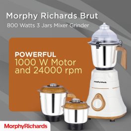 Morphy Brut Xtra, 800 Watt 3 Jar Mixer Grinder with Alluminium Jar Base, Overload Protection for Motor, Stainless Steel Jar and Break Resitant Jar handles and Dome Cap, White