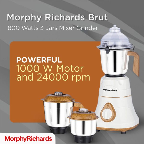 Morphy Brut Xtra, 800 Watt 3 Jar Mixer Grinder with Alluminium Jar Base, Overload Protection for Motor, Stainless Steel Jar and Break Resitant Jar handles and Dome Cap, White