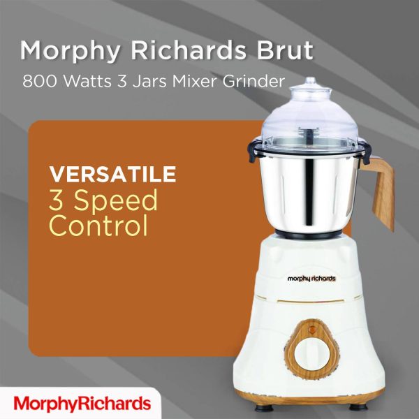 Morphy Brut Xtra, 800 Watt 3 Jar Mixer Grinder with Alluminium Jar Base, Overload Protection for Motor, Stainless Steel Jar and Break Resitant Jar handles and Dome Cap, White
