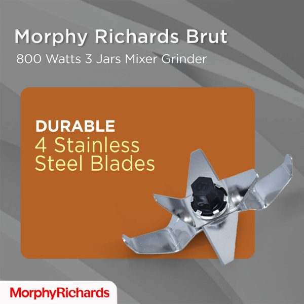 Morphy Brut Xtra, 800 Watt 3 Jar Mixer Grinder with Alluminium Jar Base, Overload Protection for Motor, Stainless Steel Jar and Break Resitant Jar handles and Dome Cap, White