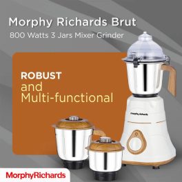Morphy Brut Xtra, 800 Watt 3 Jar Mixer Grinder with Alluminium Jar Base, Overload Protection for Motor, Stainless Steel Jar and Break Resitant Jar handles and Dome Cap, White