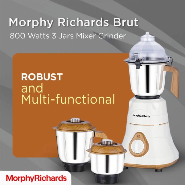 Morphy Brut Xtra, 800 Watt 3 Jar Mixer Grinder with Alluminium Jar Base, Overload Protection for Motor, Stainless Steel Jar and Break Resitant Jar handles and Dome Cap, White