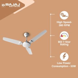 Bajaj Trendy EE 1200, 48 Inch 3 Star Ceiling Fan with 400 RPM, High Torque Motor and Blade Design Inspired by Petal, Snowy White