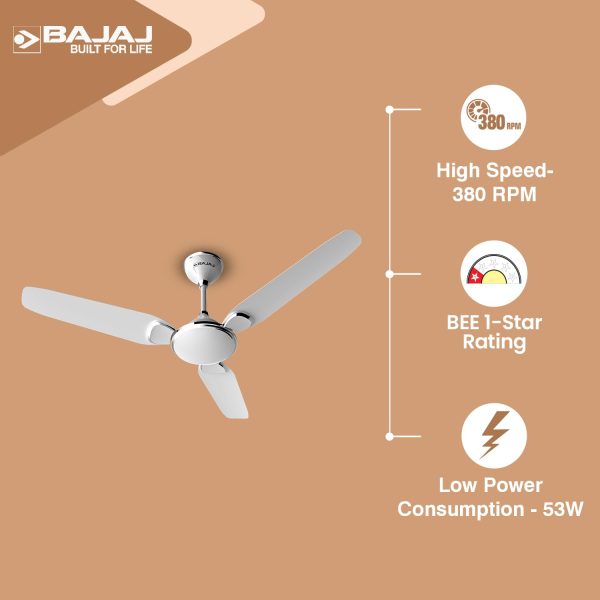 Bajaj Trendy EE 1200, 48 Inch 3 Star Ceiling Fan with 400 RPM, High Torque Motor and Blade Design Inspired by Petal, Snowy White