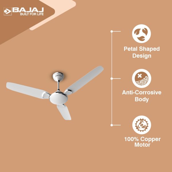 Bajaj Trendy EE 1200, 48 Inch 3 Star Ceiling Fan with 400 RPM, High Torque Motor and Blade Design Inspired by Petal, Snowy White