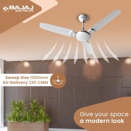 Bajaj Trendy EE 1200, 48 Inch 3 Star Ceiling Fan with 400 RPM, High Torque Motor and Blade Design Inspired by Petal, Snowy White