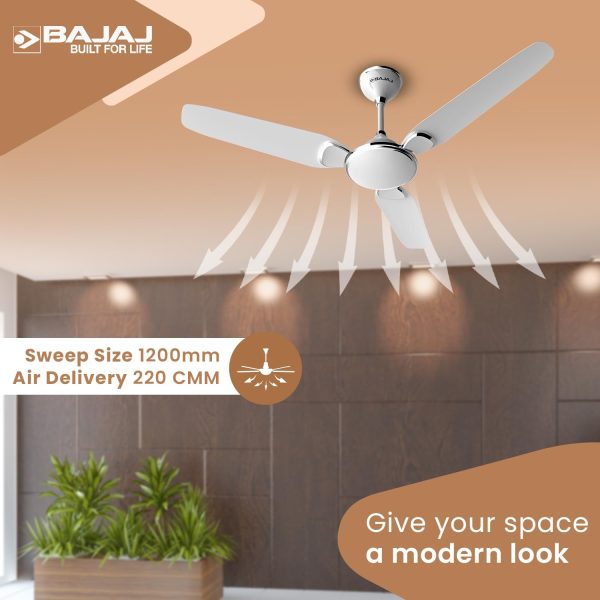 Bajaj Trendy EE 1200, 48 Inch 3 Star Ceiling Fan with 400 RPM, High Torque Motor and Blade Design Inspired by Petal, Snowy White