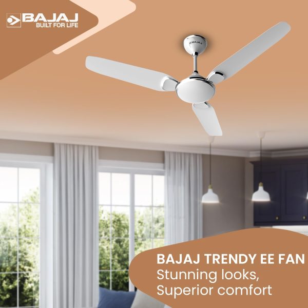 Bajaj Trendy EE 1200, 48 Inch 3 Star Ceiling Fan with 400 RPM, High Torque Motor and Blade Design Inspired by Petal, Snowy White