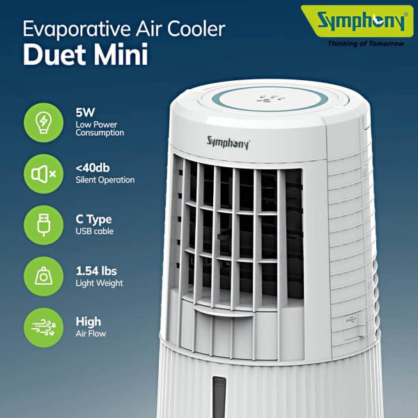 Symphony Duet Mini Personal Air Cooler with 8 Hours Battery, White