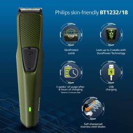 Philips BT1213/15, Beard Trimmer with Stainless Steel Blade, 30 Minute Runtime and 4 Length Settings, Green/Black