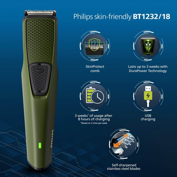 Philips BT1213/15, Beard Trimmer with Stainless Steel Blade, 30 Minute Runtime and 4 Length Settings, Green/Black