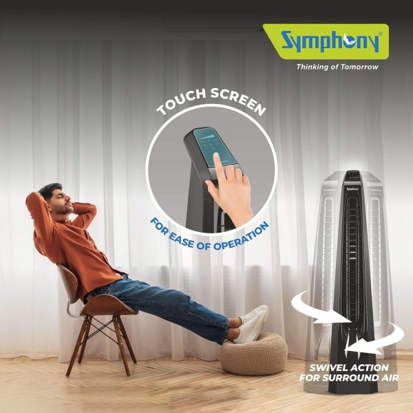 Symphony Surround B, Tower Fan For Home with BLDC Turbo Throw, Touchscreen Control Panel, Remote Control and Low Power Consumption, Black