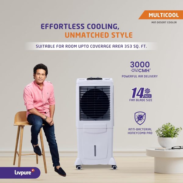 Livpure Multicool 60L Mini Desert Air Cooler with Honeycomb Pads & Water Level Indicator, White