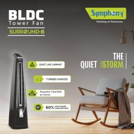 Symphony Surround B, Tower Fan For Home with BLDC Turbo Throw, Touchscreen Control Panel, Remote Control and Low Power Consumption, Black
