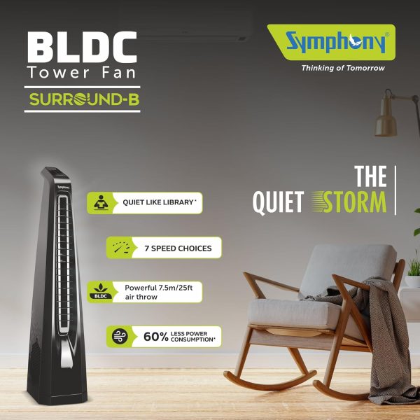 Symphony Surround B, Tower Fan For Home with BLDC Turbo Throw, Touchscreen Control Panel, Remote Control and Low Power Consumption, Black
