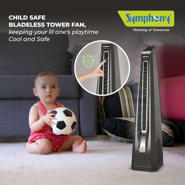 Symphony Surround B, Tower Fan For Home with BLDC Turbo Throw, Touchscreen Control Panel, Remote Control and Low Power Consumption, Black