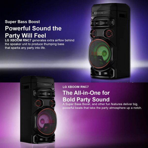 LG RNC7, Party Speaker with Double Super Bass Boost, Party Lighting, DJ Application, Karoke Star and Wireless Party Link, Black