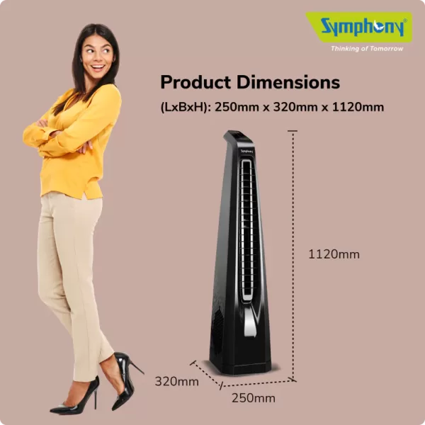 Symphony Surround B, Tower Fan For Home with BLDC Turbo Throw, Touchscreen Control Panel, Remote Control and Low Power Consumption, Black