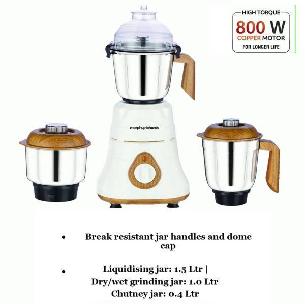 Morphy Brut Xtra, 800 Watt 3 Jar Mixer Grinder with Alluminium Jar Base, Overload Protection for Motor, Stainless Steel Jar and Break Resitant Jar handles and Dome Cap, White
