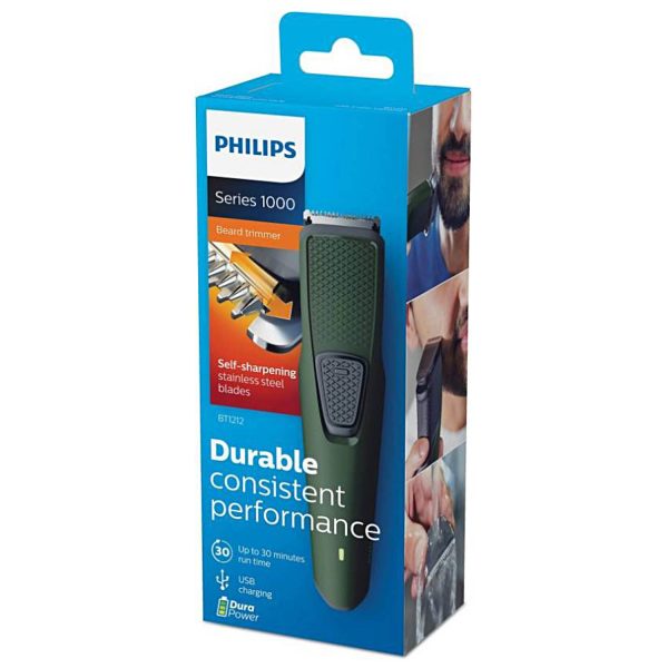 Philips BT1213/15, Beard Trimmer with Stainless Steel Blade, 30 Minute Runtime and 4 Length Settings, Green/Black