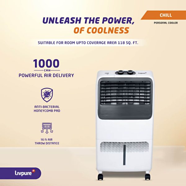 Livpure Chill 22L Personal Air Cooler with Honeycomb Pad & Thermal Overload Protection, White