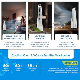 Symphony Surround Junior, Blade-less Tower Fan with 20 Feet Air Throw and Swivel action, White