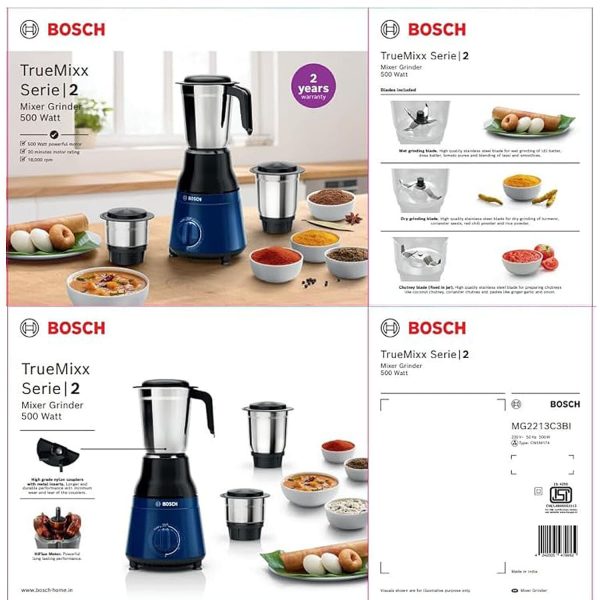 Bosch MG2213C3BI, TrueMixx Serie-2, 500 Watt 3 Jar Powerful Mixer Grinder 3 Jar with nylon Metal Couplers, Black and Blue