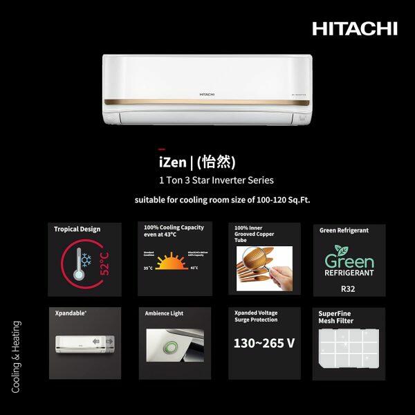 Hitachi RASG312PCAISF, 1 Ton 3 Star Inverter Split AC with ice Clean Xpandable Plus, 100% Copper and Dust Filter, Dual Gold