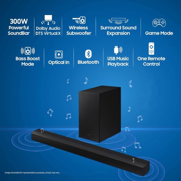 Samsung HW-C450/XL, 300 Watt 2.1 Channel Dolby Audio Soundbar, DTS Virtual:X, Surround Sound Expansion, Optical In, Wireless Subwoofer, Black
