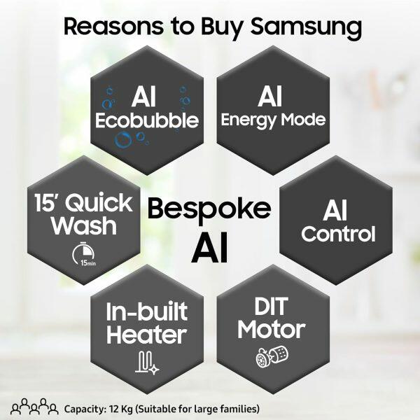 Samsung WW12DG6B24ABTL, 12KG 5 star Fully Front-Load Machine with Digital Inverter, AI Control, Super Speed, Wi-Fi and Inbuilt Heater, Black