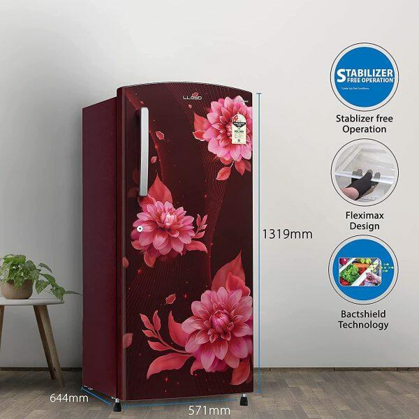Lloyd GLDC212Sbwt2Pb, 200 Litre 2 Star Single Door Refrigerator with Fast Ice Making Technology, Begonia Wine