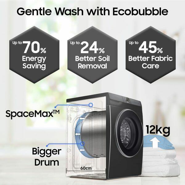 Samsung WW12DG6B24ABTL, 12KG 5 star Fully Front-Load Machine with Digital Inverter, AI Control, Super Speed, Wi-Fi and Inbuilt Heater, Black