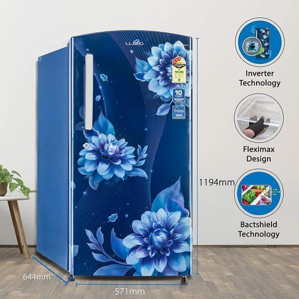 Lloyd GLDC213SBBT2PB, 200 Litre 3 Star Single Door Inverter Refrigerator with Fast Ice Making and Adjustable Glass Shelf, Begonia Blue