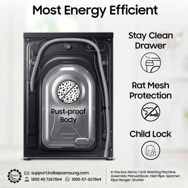 Samsung WW12DG6B24ABTL, 12KG 5 star Fully Front-Load Machine with Digital Inverter, AI Control, Super Speed, Wi-Fi and Inbuilt Heater, Black